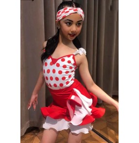 Girls kids white polka dot latin dance dresses for children ruffles salsa rumba chacha ballroom dance wear for children